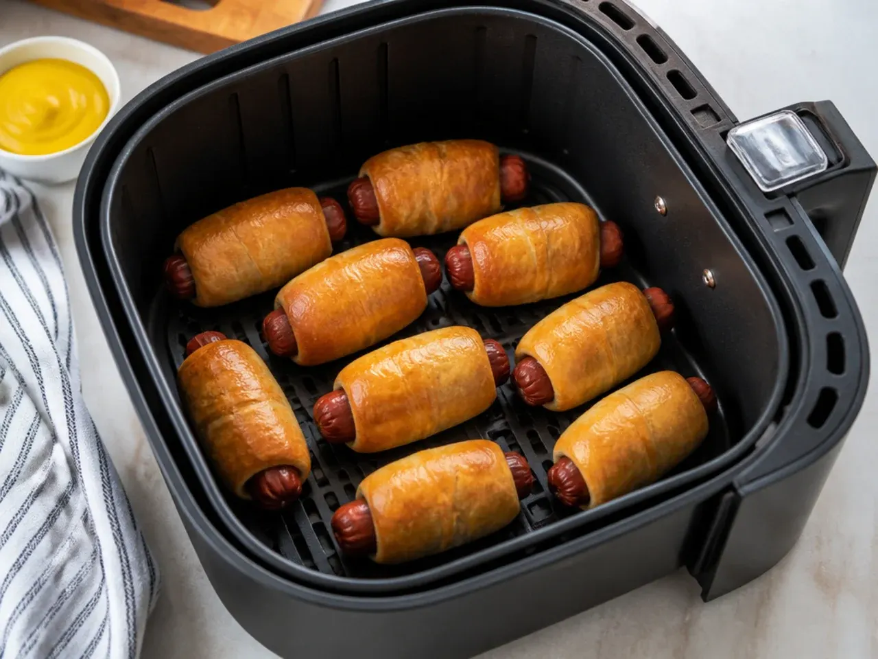 Golden crispy air fryer pigs in a blanket arranged seam-side down in the basket
