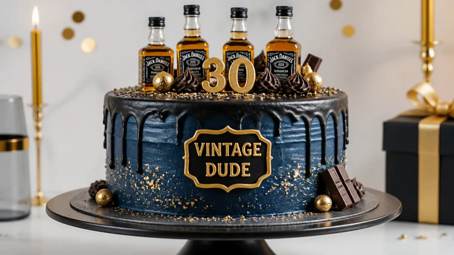Sliced dark chocolate bundt cake with a glossy brown sugar glaze pooling in the ridges, a small glass of bourbon set beside it on a wooden board