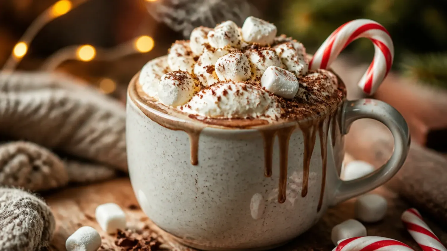 A steaming mug of hot chocolate topped with softly whipped cream, mini marshmallows and chocolate curls, with a small glass of Baileys beside it for the boozy version