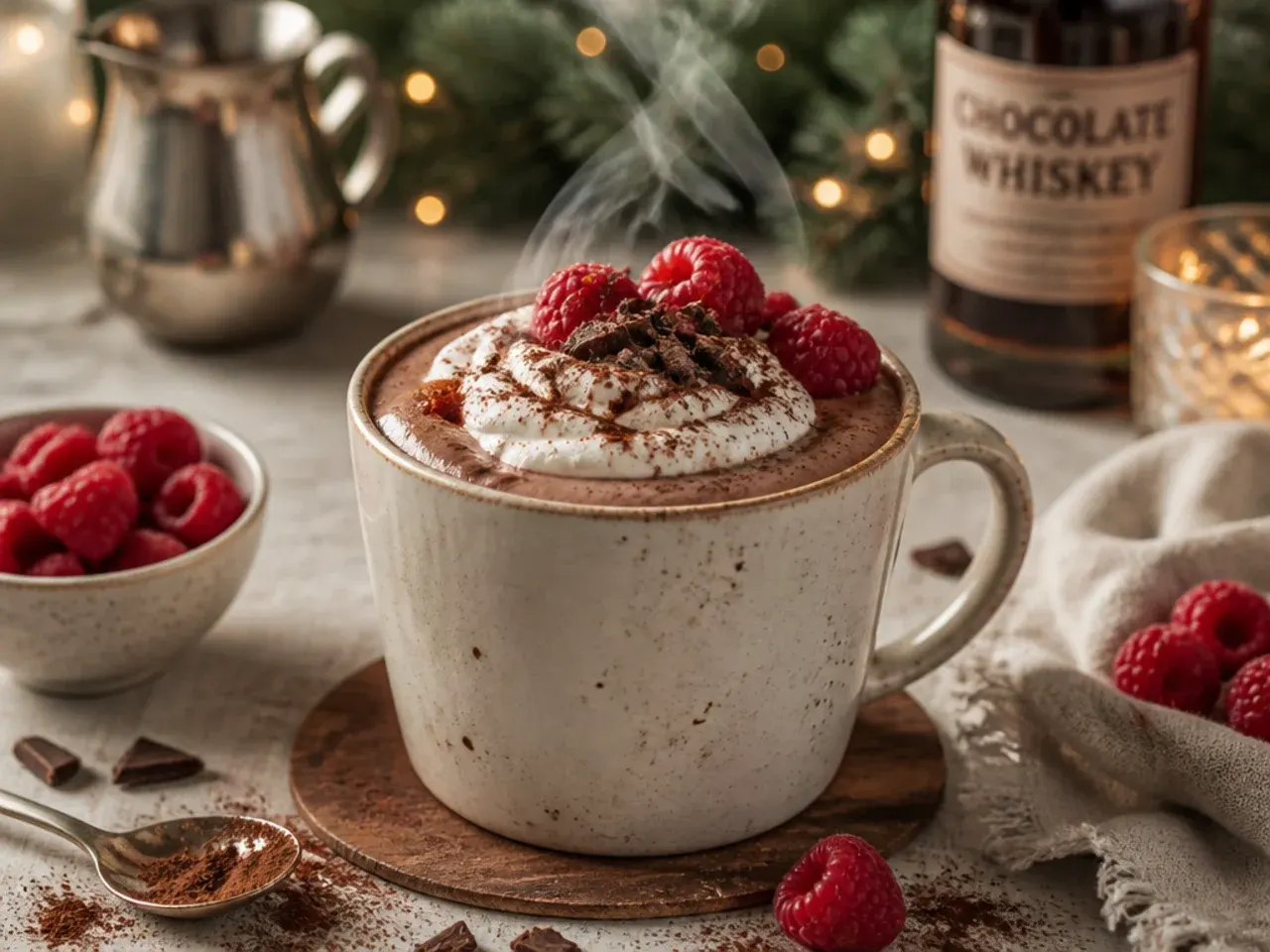 A saucepan of hot chocolate at a gentle simmer with small bubbles at the edge