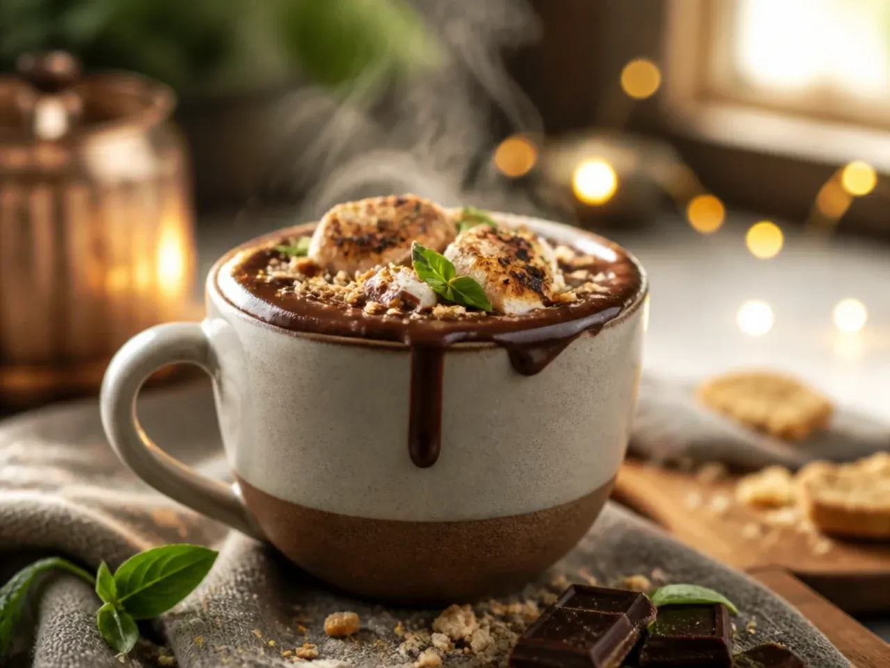 Hands whisking hot chocolate in a saucepan with a small balloon whisk