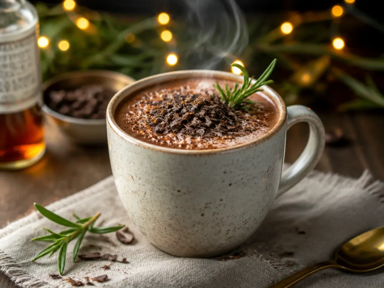 A carton of oat milk being poured into a saucepan of hot chocolate