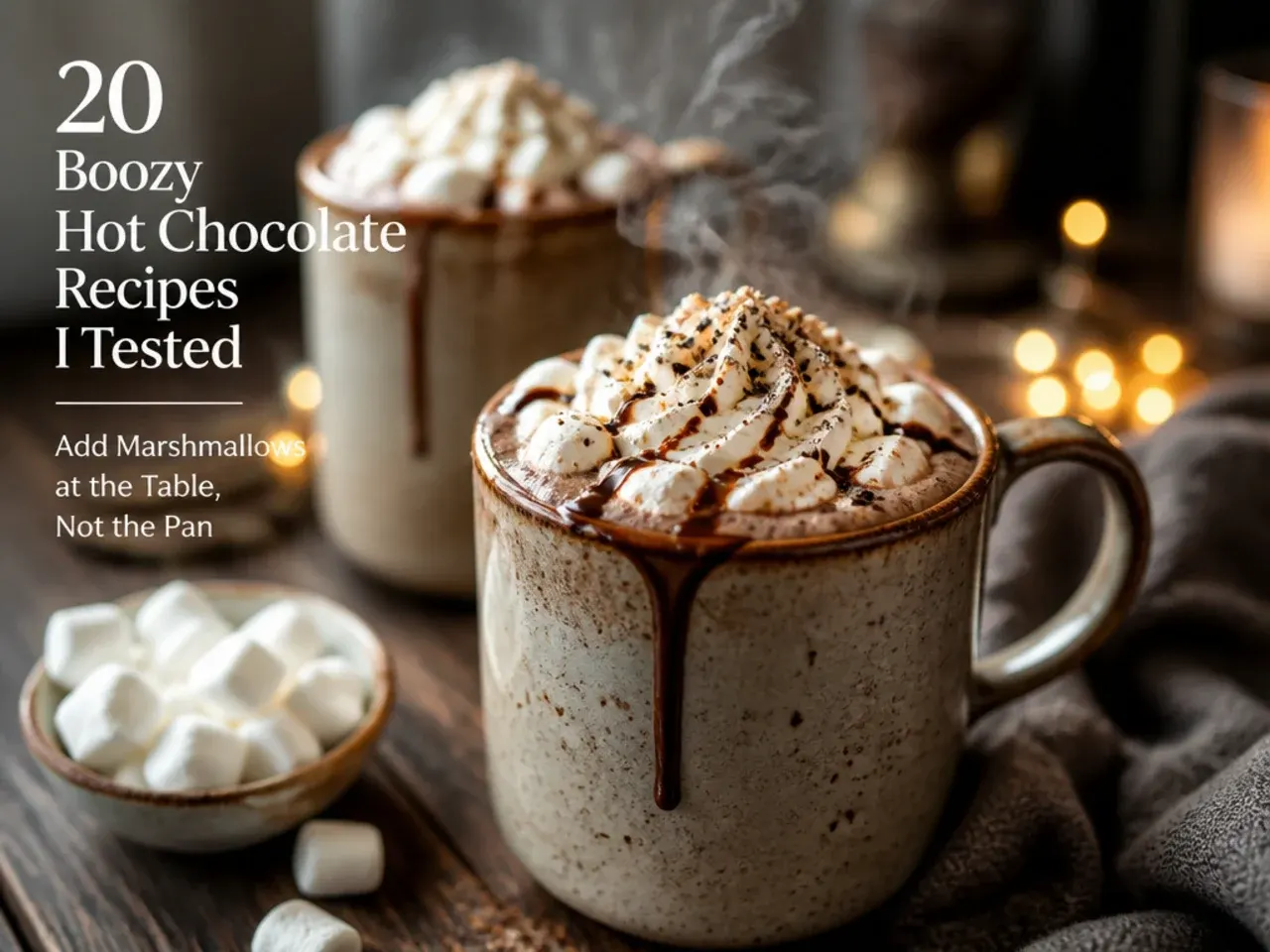 Mini marshmallows being scattered on top of a finished mug of hot chocolate