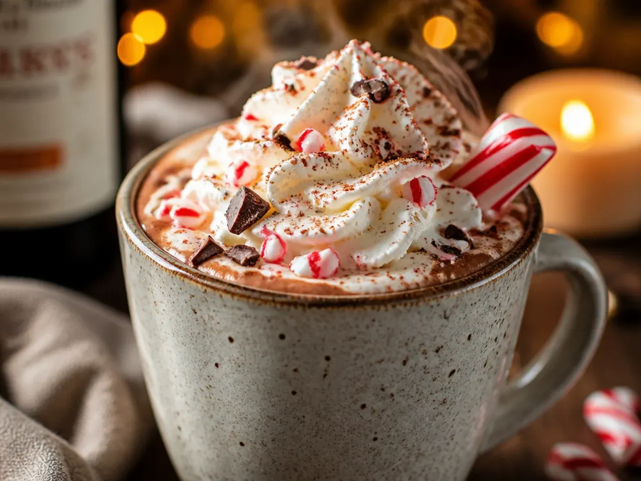 Softly whipped cream being spooned onto a mug of hot chocolate