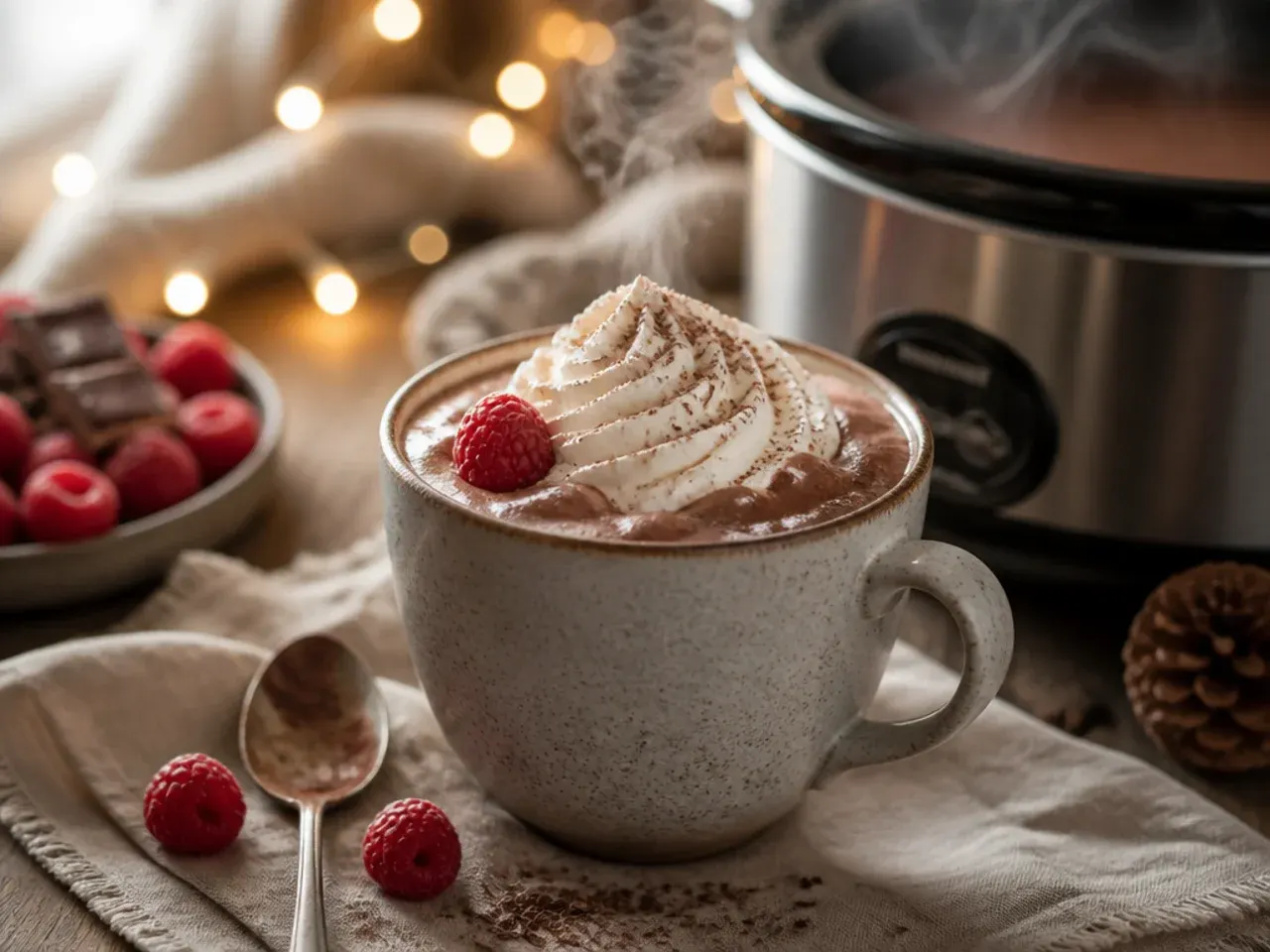 A slow cooker filled with hot chocolate on a table set for a party