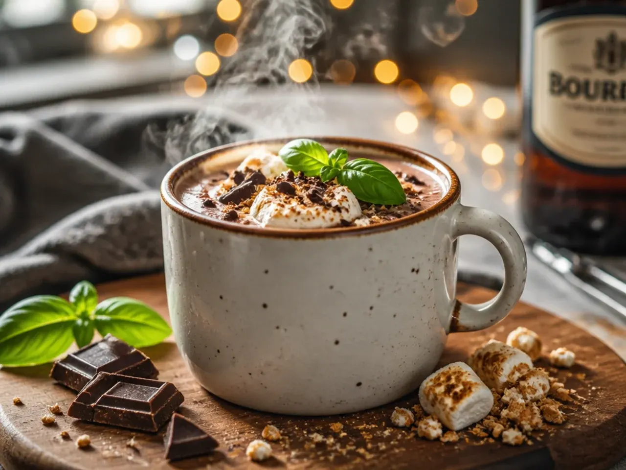 A mug of hot chocolate with a small glass of Baileys being poured in beside it