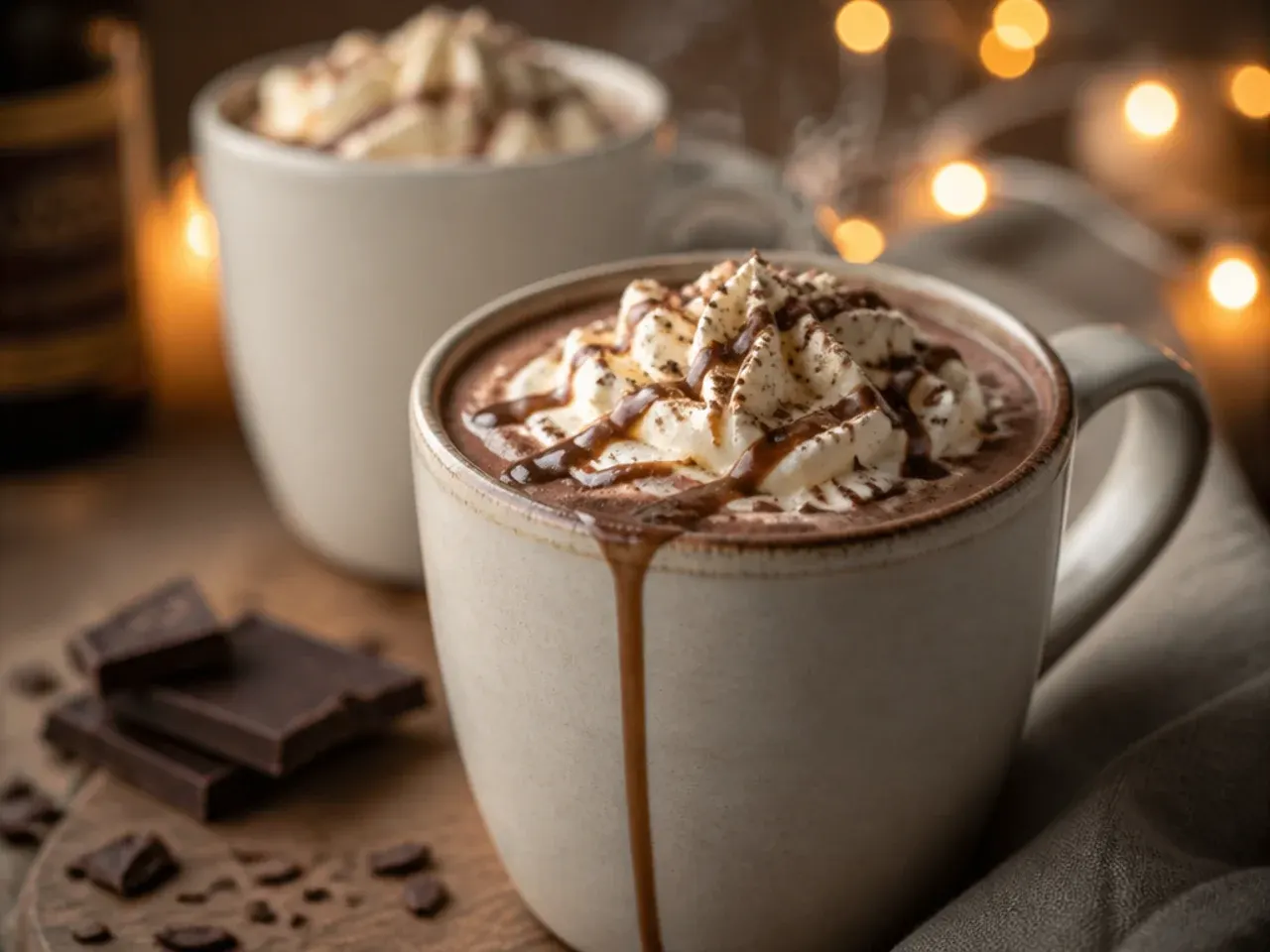 Steam rising gently from a freshly poured mug of hot chocolate