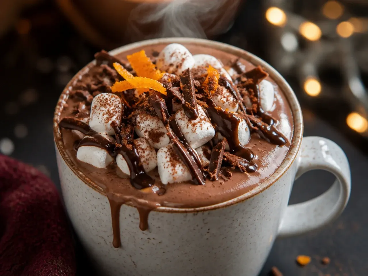 Chocolate curls and a dusting of cocoa powder on top of a finished hot chocolate