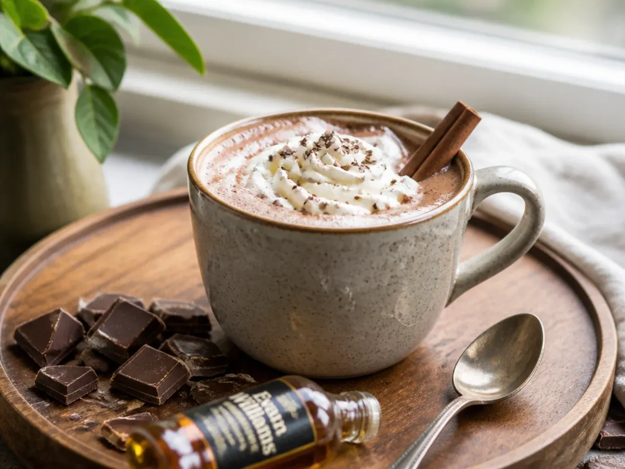 Two mugs of hot chocolate side by side, one plain and one topped with a splash of Baileys, on a cosy table