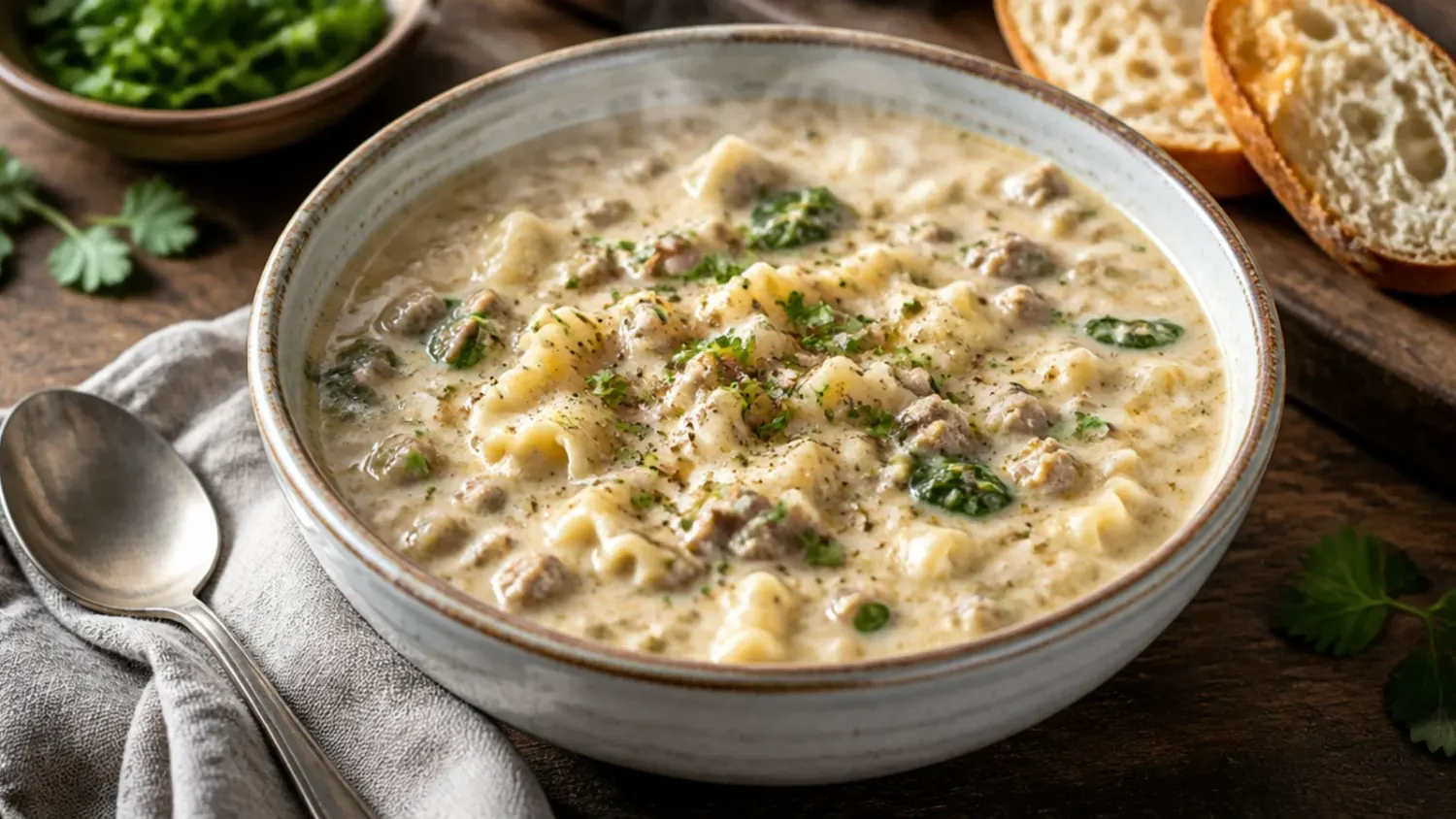 Overhead shot of a bowl of creamy alfredo lasagna soup with broken lasagna noodles, shredded chicken and spinach, finished with grated Parmesan and steam rising from the bowl.