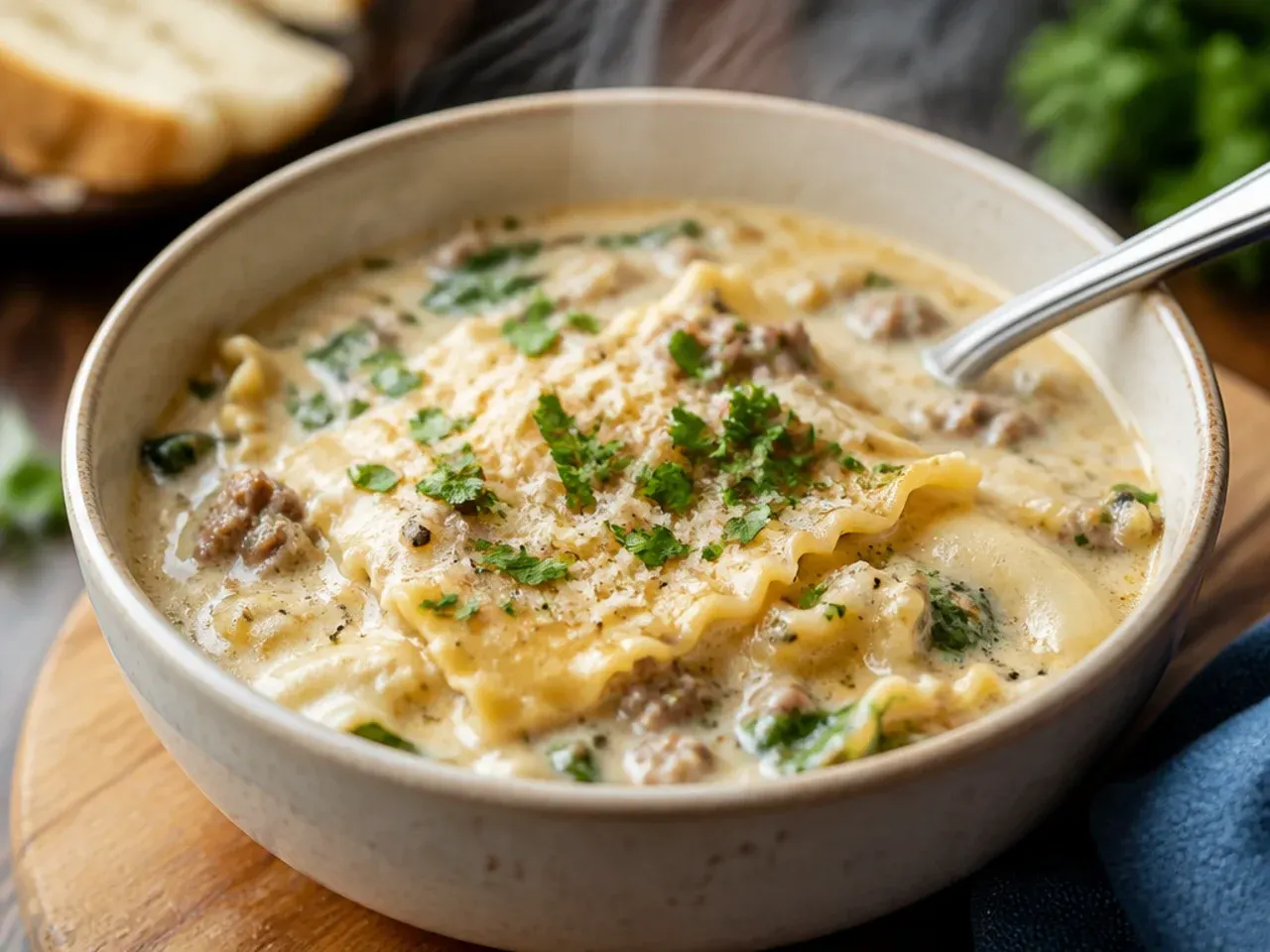 Steaming pot of alfredo lasagna soup on the stovetop surrounded by ingredients like Parmesan, cream and broken lasagna sheets.