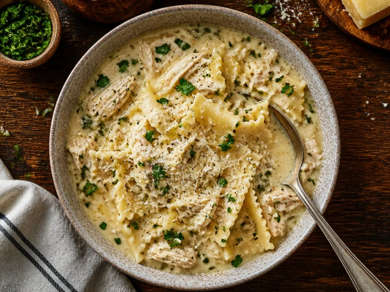 Bowl of classic chicken alfredo lasagna soup topped with grated Parmesan and cracked black pepper.