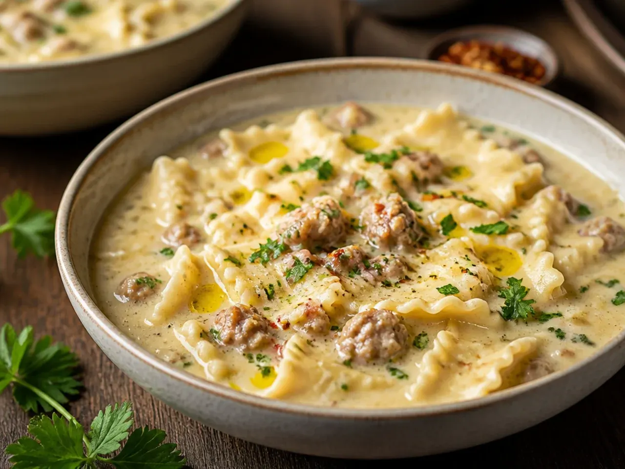 Quick weeknight alfredo lasagna soup being ladled into a bowl straight from the pot.