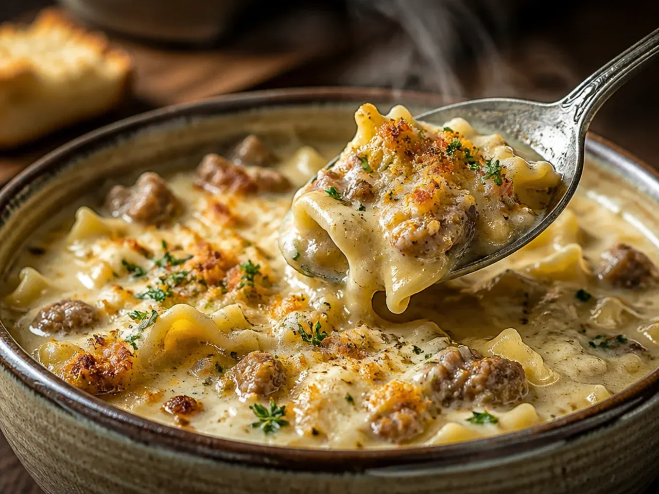 Hearty sausage alfredo lasagna soup with visible browned sausage crumbles and mushrooms.