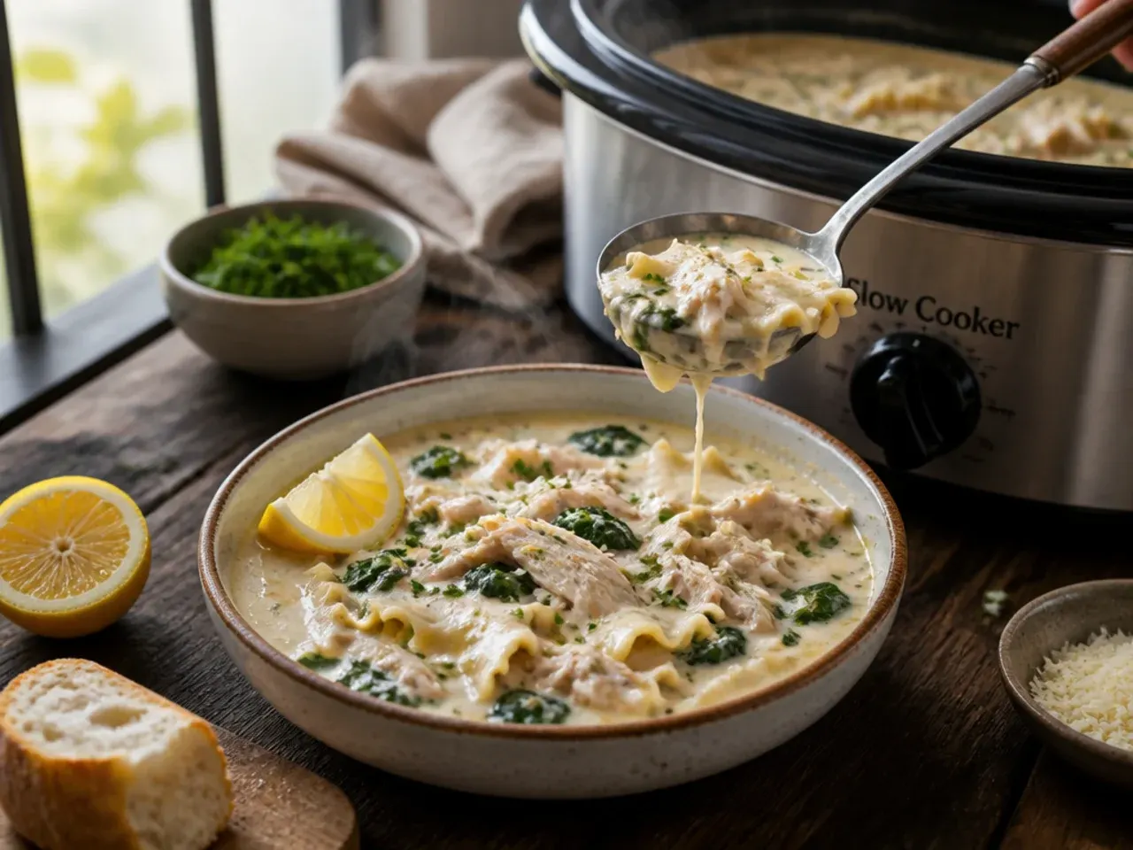 Slow cooker filled with creamy alfredo lasagna soup, lid resting beside it.