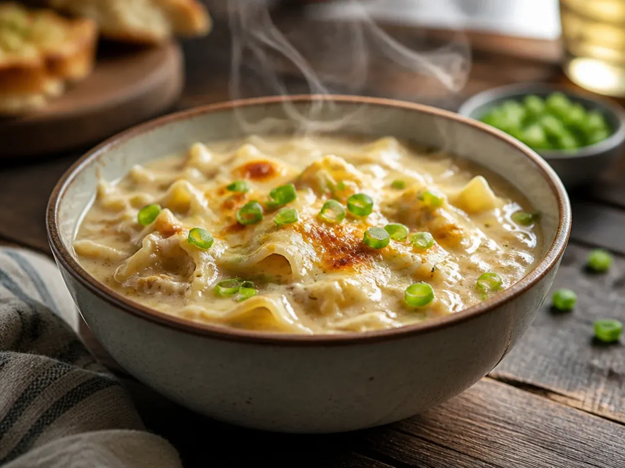 Roasted garlic head beside a bowl of creamy alfredo lasagna soup.
