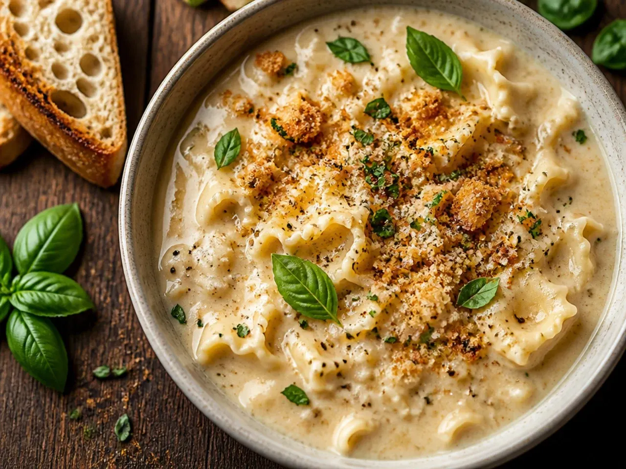 Simple five-ingredient alfredo lasagna soup in a bowl with minimal garnish.