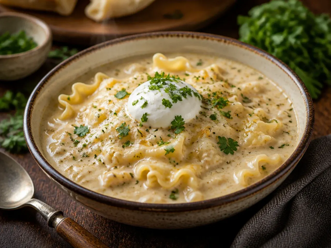 Close-up of cheesy four-cheese alfredo lasagna soup with a dollop of ricotta melting on top.