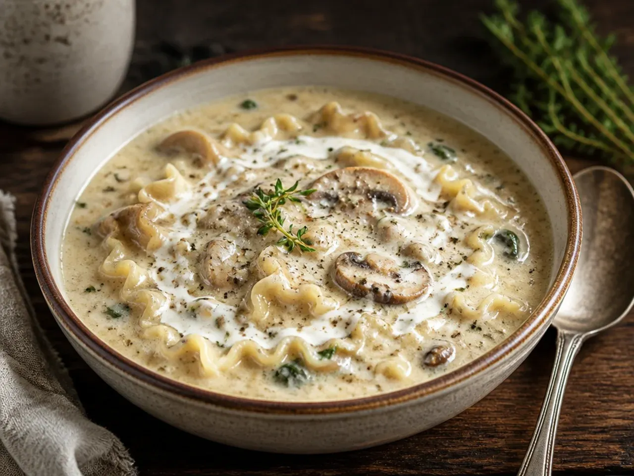 Comforting mushroom alfredo lasagna soup with golden sautéed mushroom slices on top.