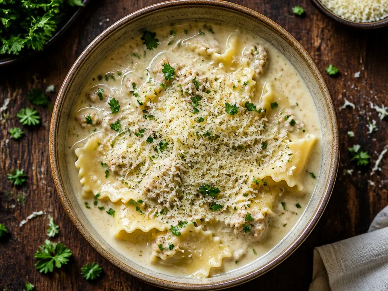 Budget-friendly alfredo lasagna soup made with chicken thighs and broken spaghetti.