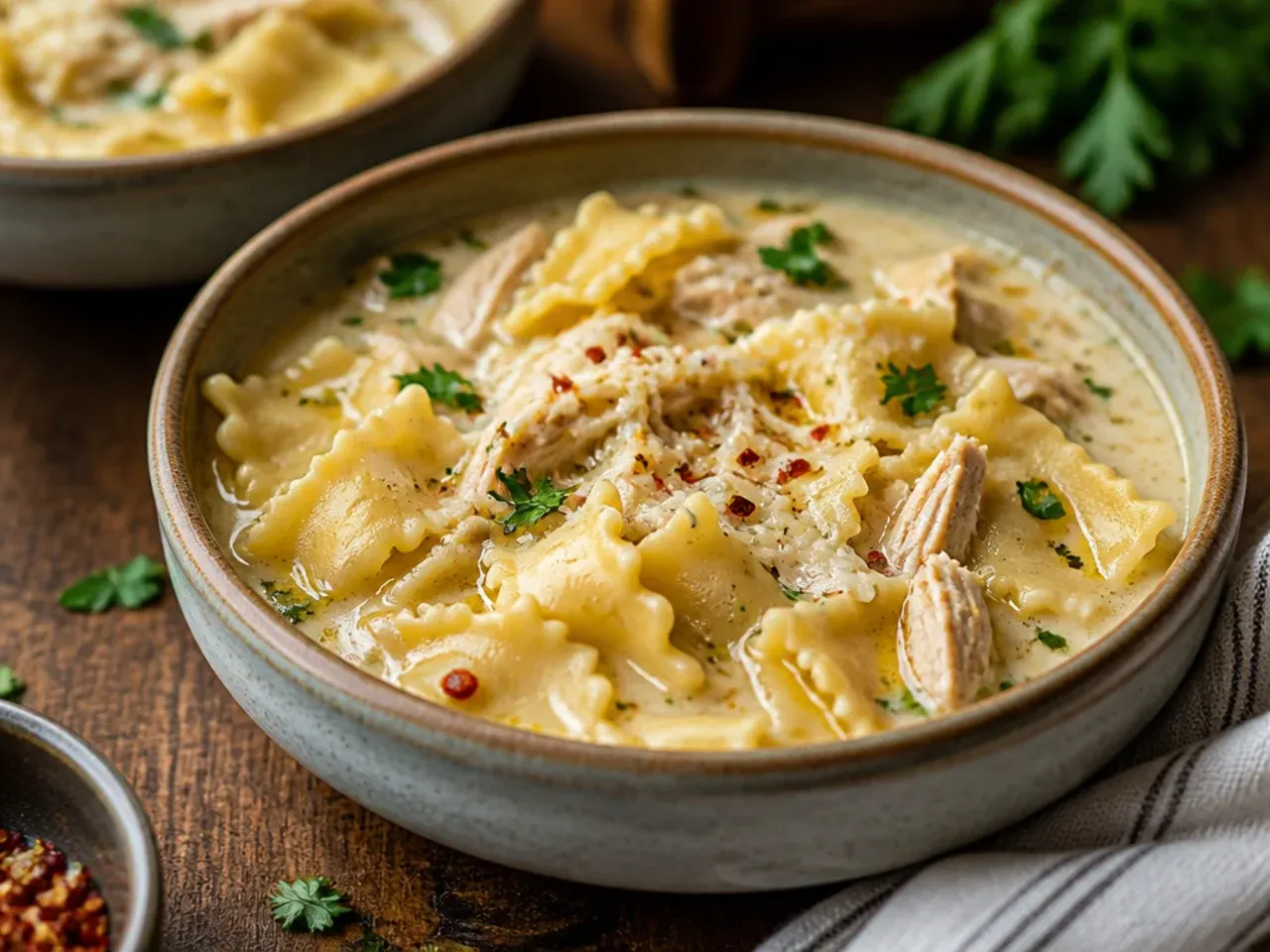 Shredded rotisserie chicken being stirred into a pot of alfredo lasagna soup.