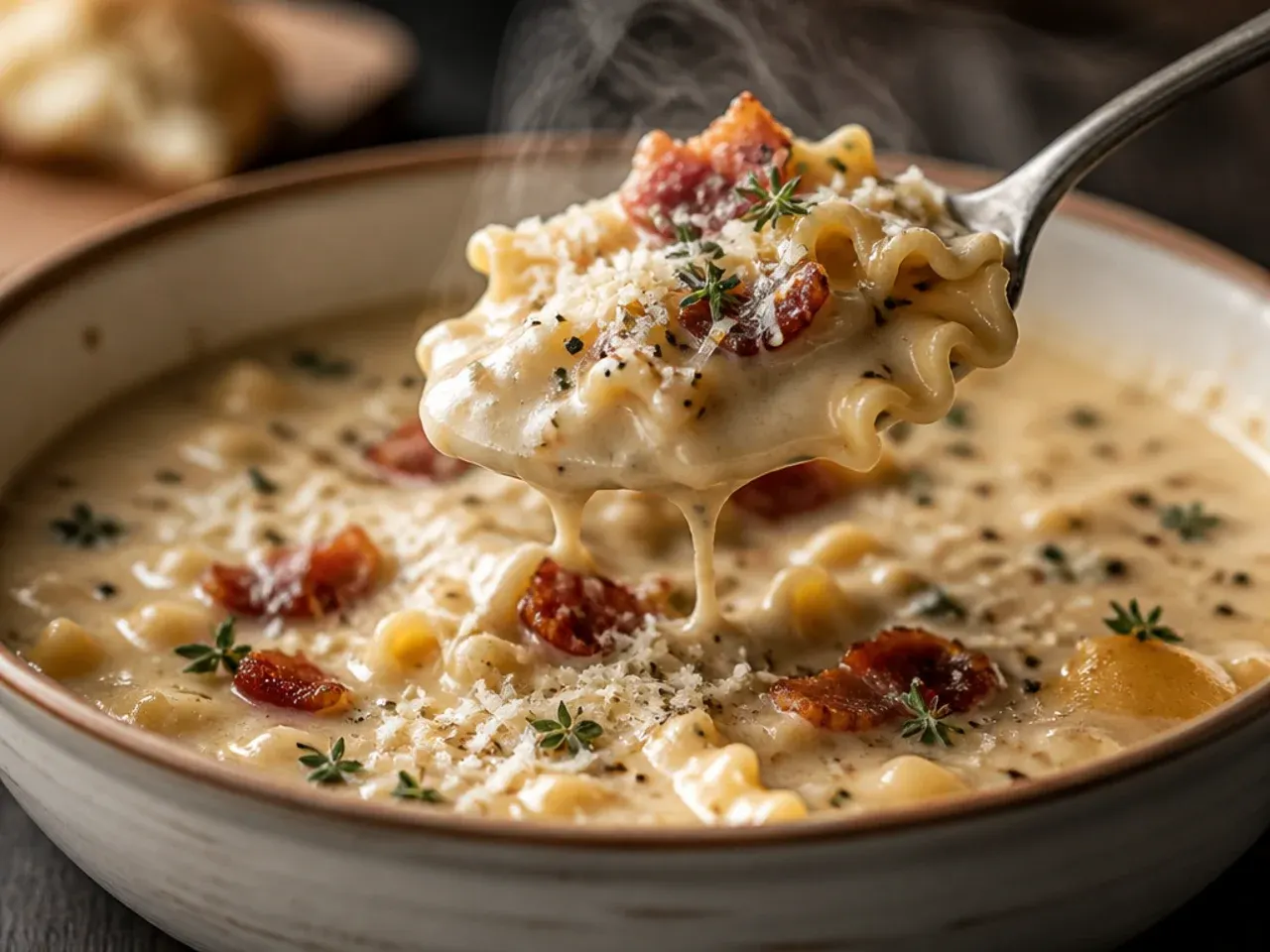Rustic bacon alfredo lasagna soup topped with crispy bacon bits.