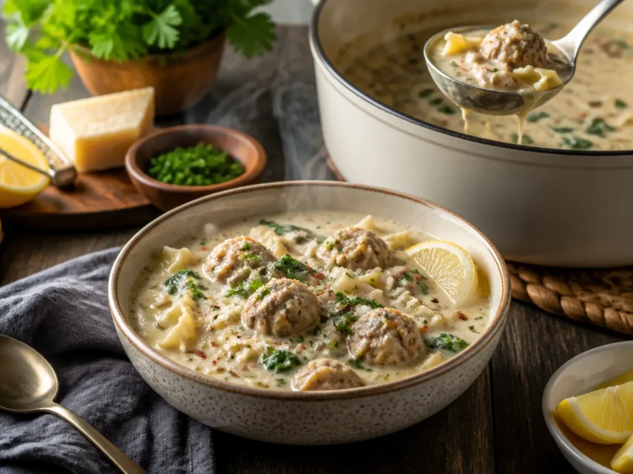 Loaded meatball alfredo lasagna soup with meatballs, basil and extra Parmesan on top.
