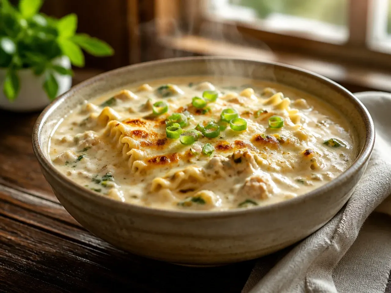 Large stockpot of family-size alfredo lasagna soup with a ladle resting in it.