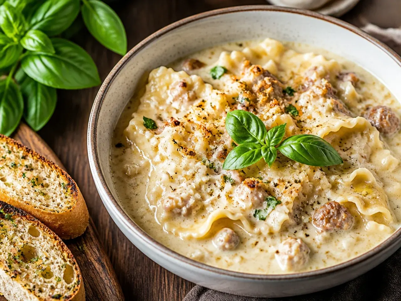 Best-ever three-cheese alfredo lasagna soup with a glossy, creamy finish.