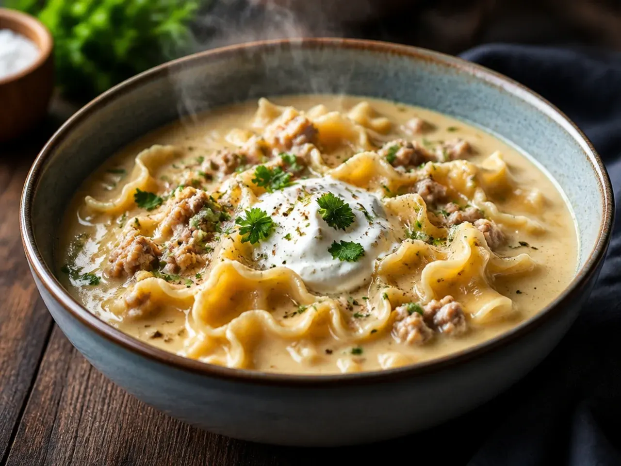 Electric pressure cooker with alfredo lasagna soup ladled into a bowl beside it.
