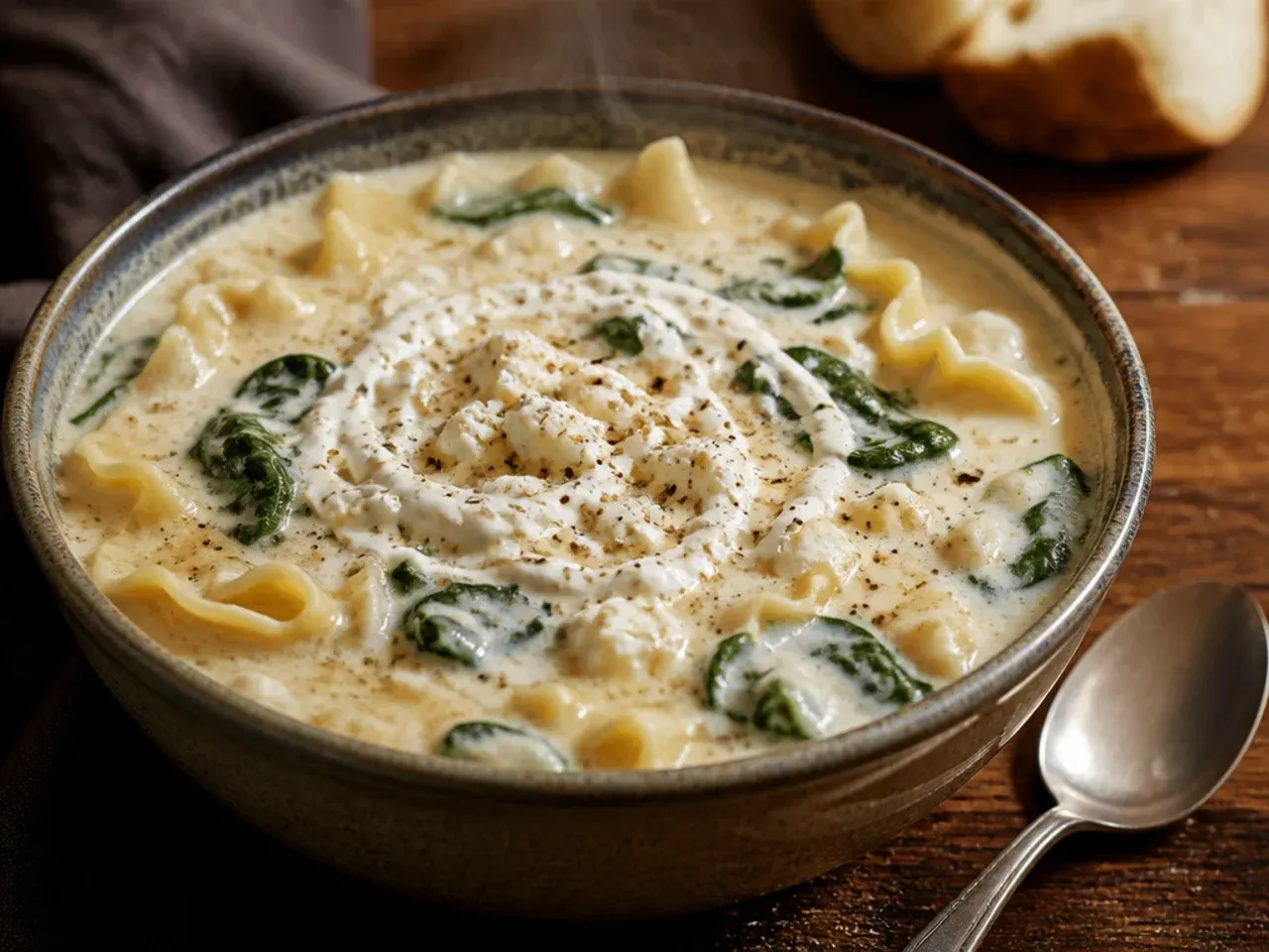 Spinach and ricotta alfredo lasagna soup with a dollop of ricotta melting on top.