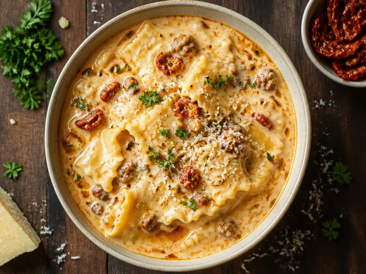 Sun-dried tomato alfredo lasagna soup with flecks of red tomato through the creamy broth.