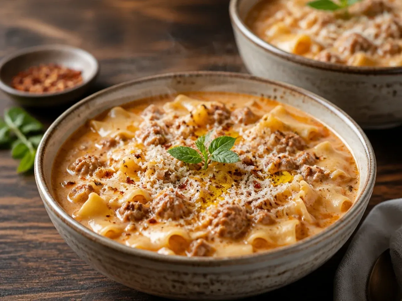 Smoky Cajun alfredo lasagna soup with diced red pepper and a dusting of paprika.