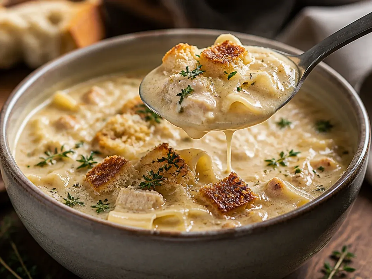 Turkey alfredo lasagna soup made with shredded leftover roast turkey.
