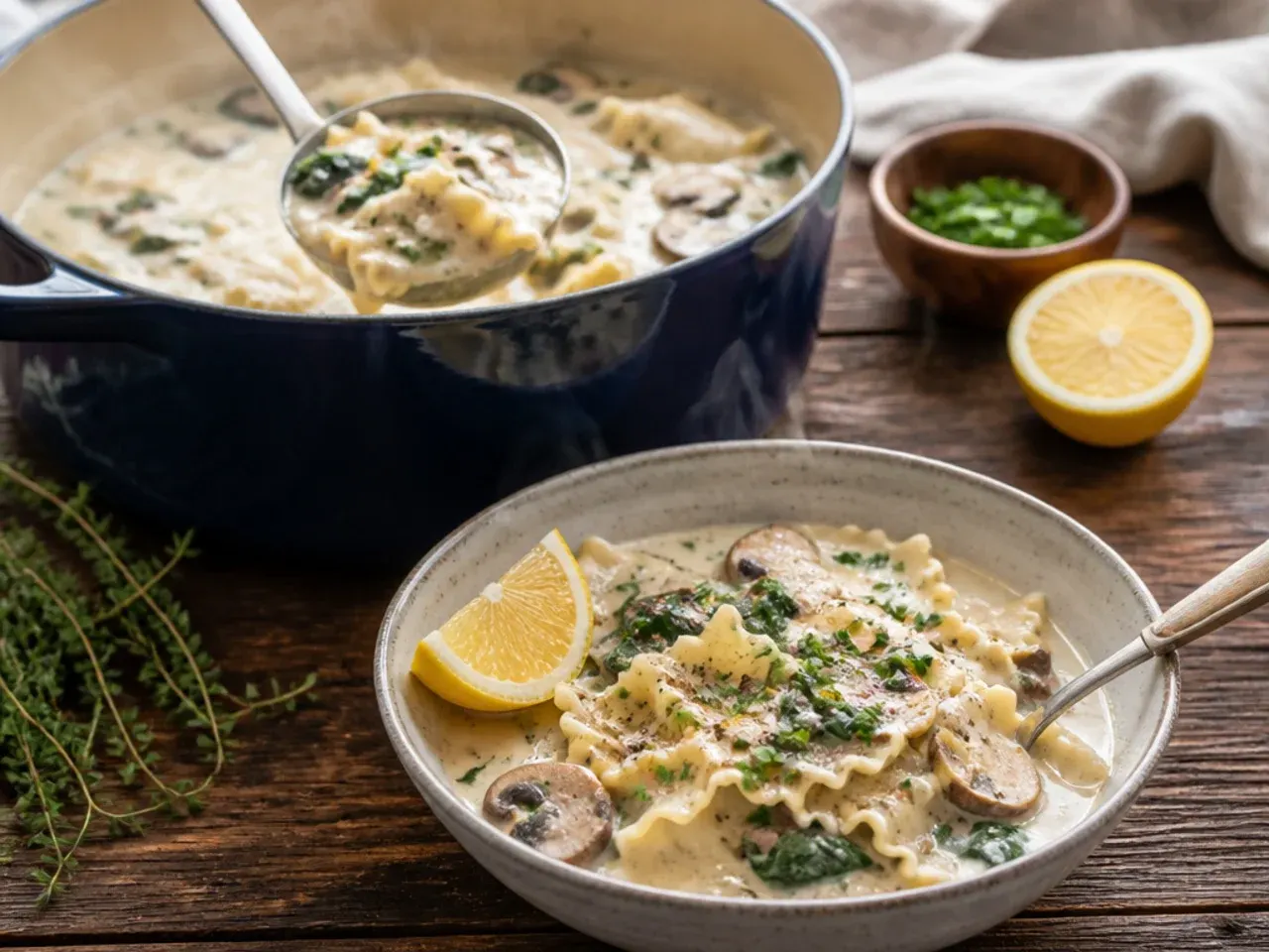 Vegetarian alfredo lasagna soup with mushrooms and white beans instead of meat.