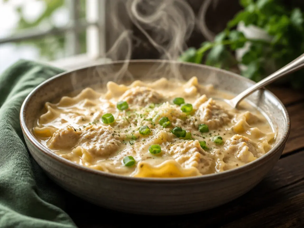 Gluten-free alfredo lasagna soup made with rice-flour lasagna sheets.