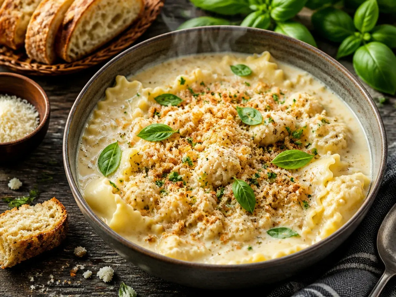 Low-carb cauliflower alfredo lasagna soup with cauliflower florets in place of noodles.