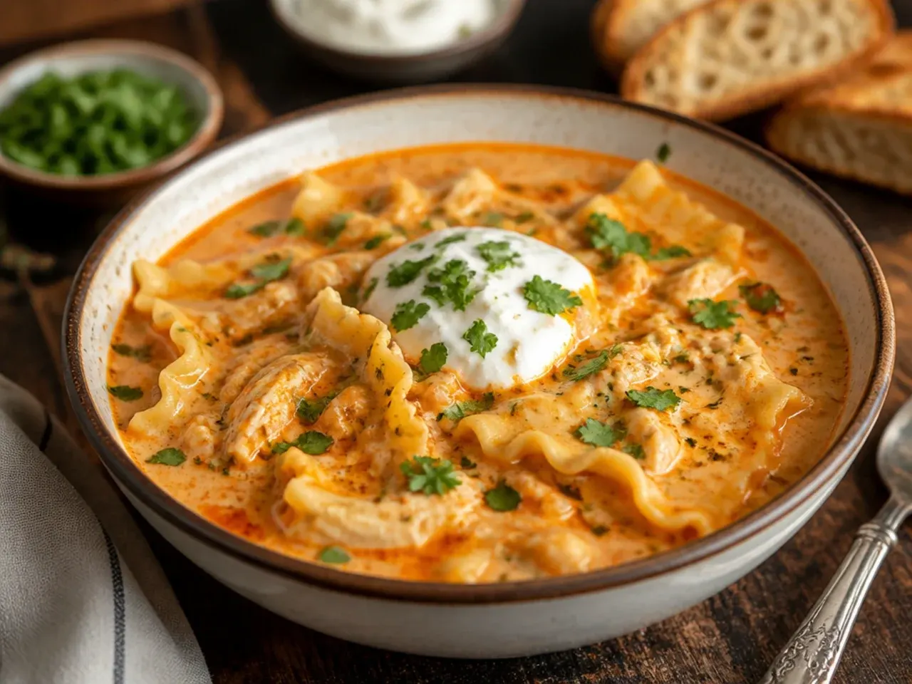 Buffalo chicken alfredo lasagna soup with a swirl of hot sauce and crumbled blue cheese.