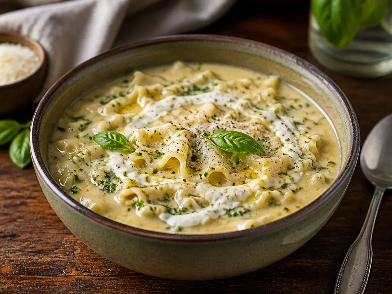 Pesto alfredo lasagna soup with a swirl of green basil pesto on top.