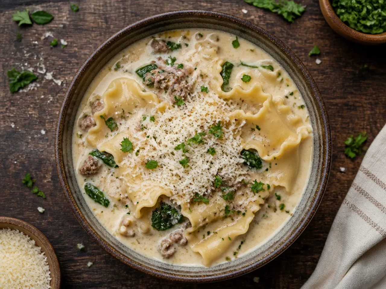 White wine alfredo lasagna soup simmering in a pot with a glass of white wine beside it.