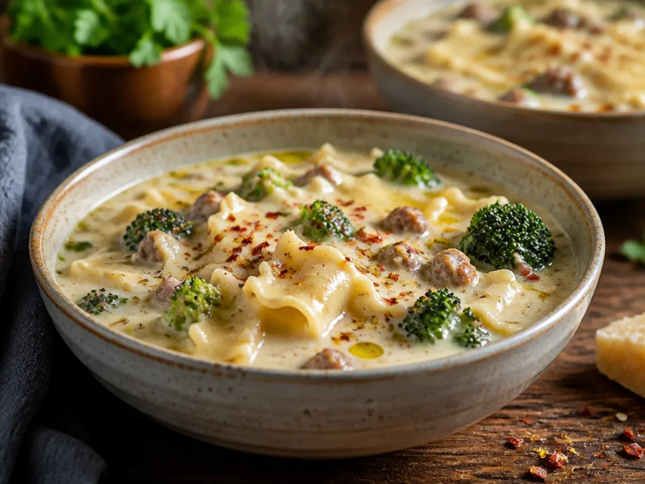 Broccoli alfredo lasagna soup with bright green broccoli florets throughout the creamy broth.