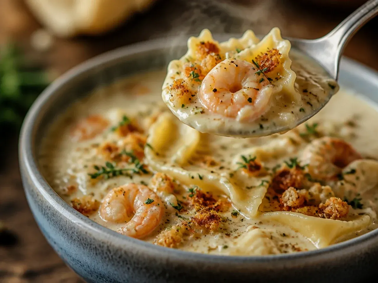 Shrimp alfredo lasagna soup with pink prawns and a lemon wedge on the side.
