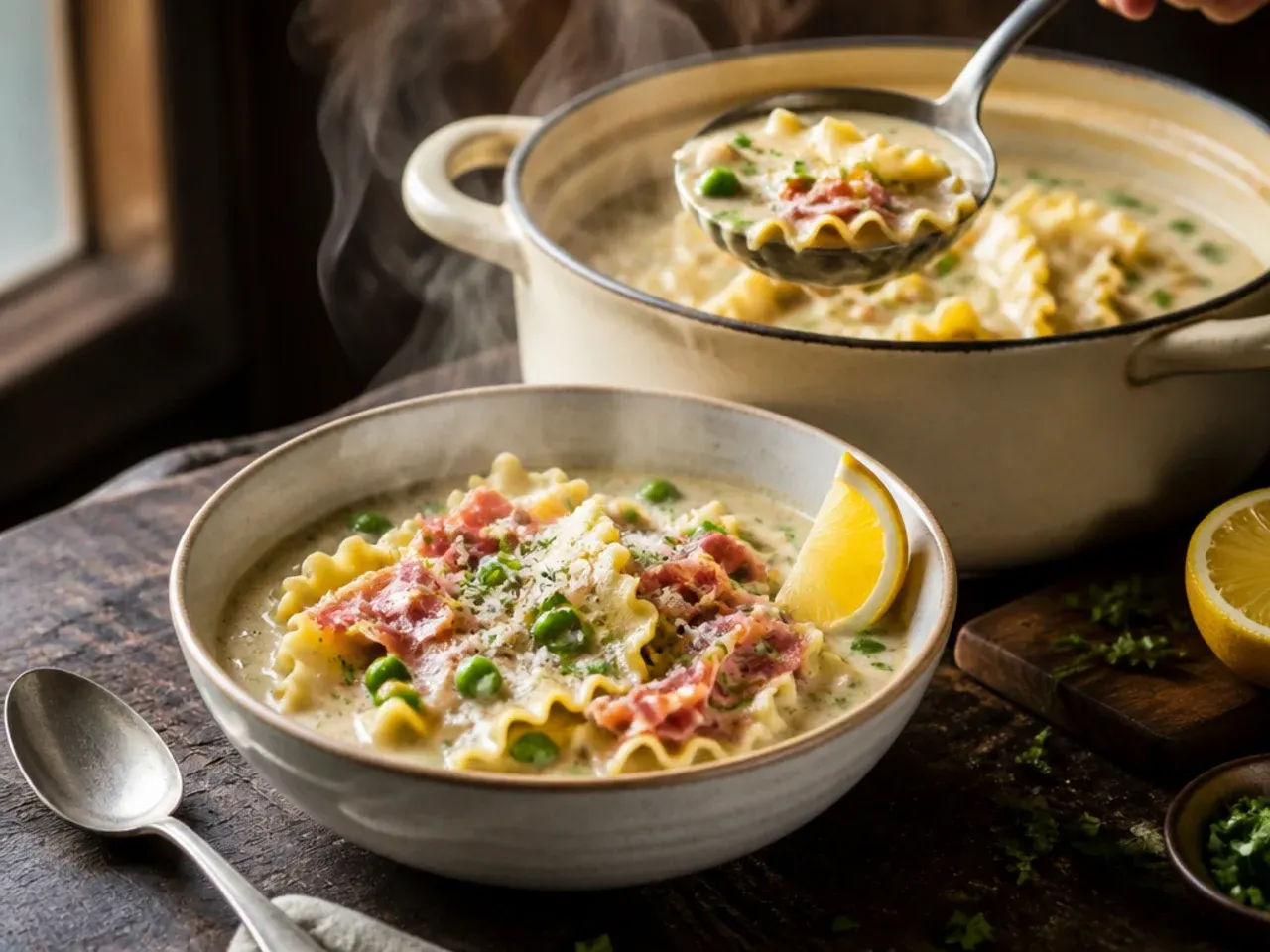 Prosciutto and pea alfredo lasagna soup with torn prosciutto and bright green peas on top.