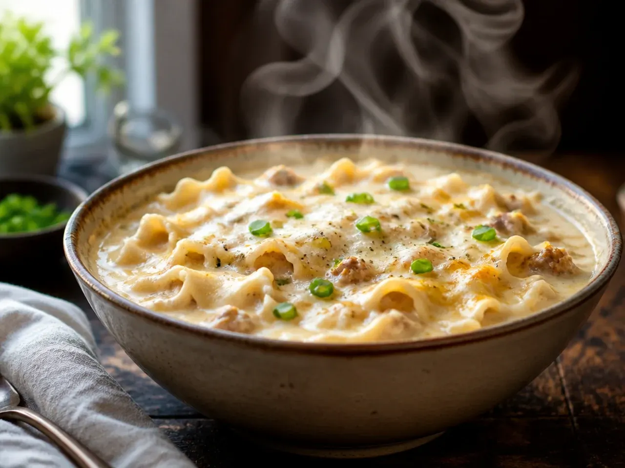 Extra-garlicky alfredo lasagna soup with sliced garlic and a drizzle of garlic oil on top.