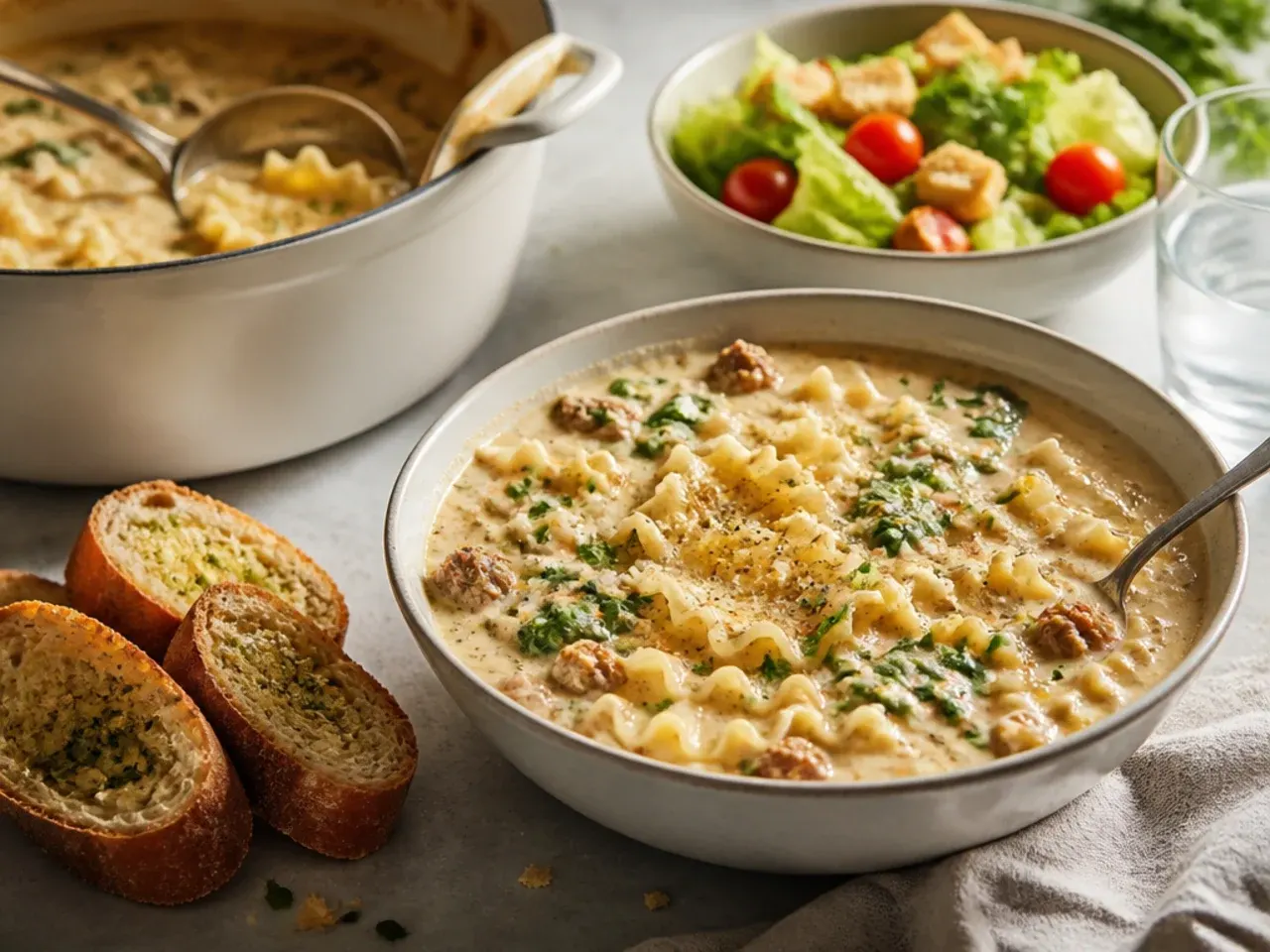 Table set with bowls of alfredo lasagna soup, garlic bread and a green salad.