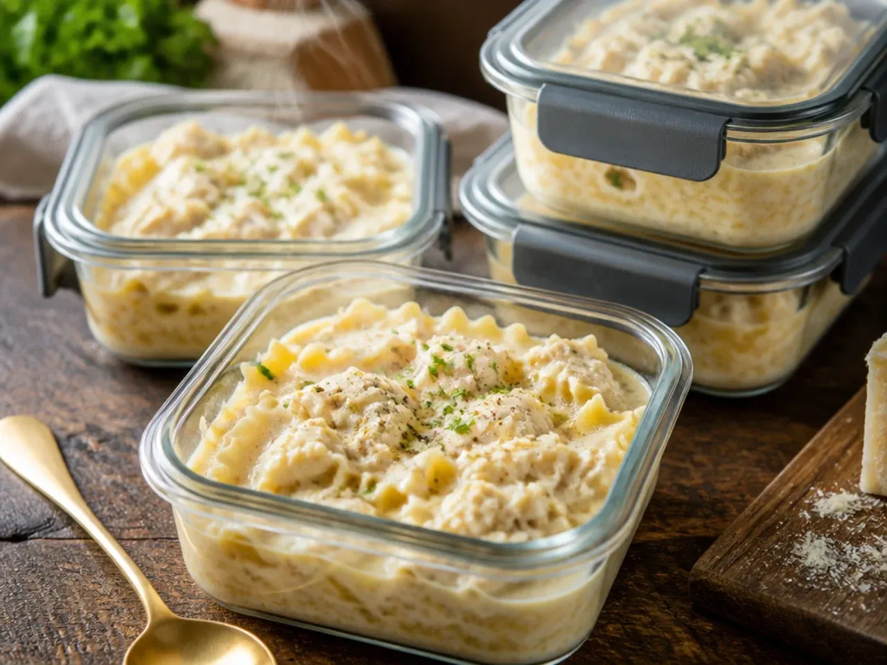 Airtight container of leftover alfredo lasagna soup being reheated in a pot on the stove.