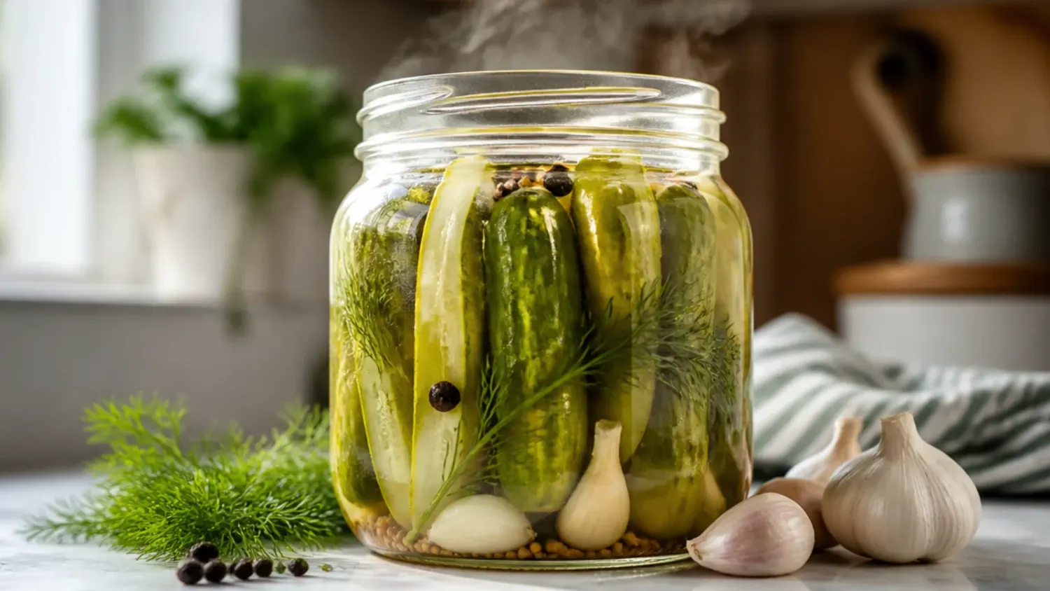 Glass mason jar packed with sliced amish refrigerator pickles, onion rings and dill submerged in golden vinegar brine