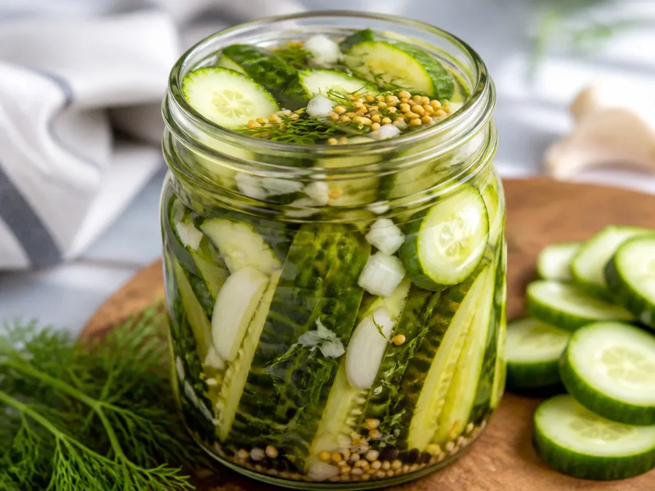 Overhead shot of sliced cucumbers, onion and a jar of vinegar brine ready to make amish refrigerator pickles