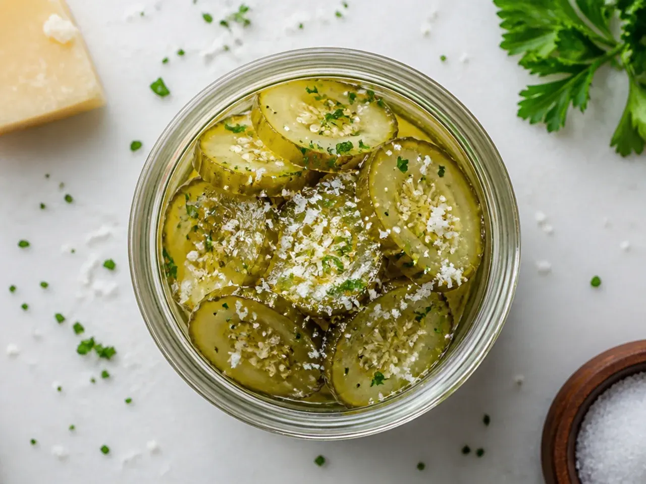 Jar of classic sweet and tangy amish refrigerator pickle slices with celery seed visible in the brine