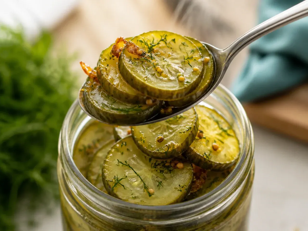 Fresh dill sprigs and garlic cloves layered with cucumber slices in a jar of amish pickles